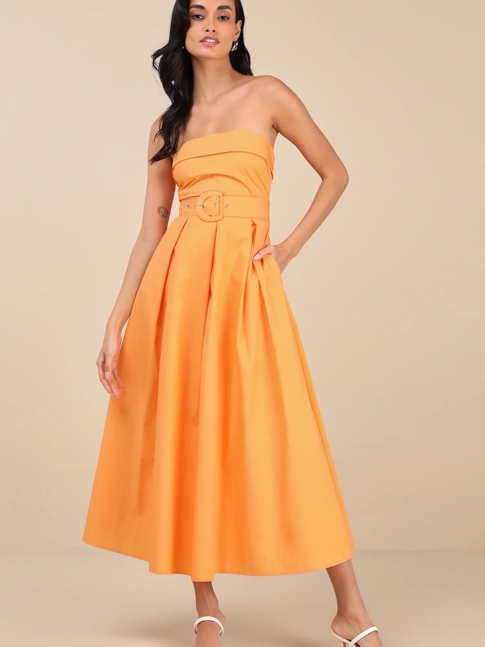 Lulus Trendsetting Choice Orange Strapless Midi Dress With Pockets